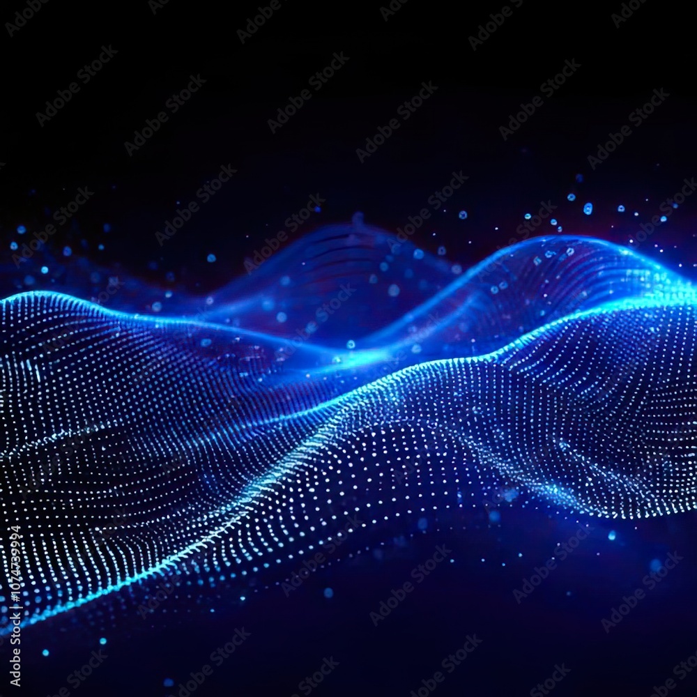future digital wave pattern technology with an abstract blue wave of illuminating particles on a black background. future digital wave pattern technology with an abstract blue wave of illuminating particles on a black background.