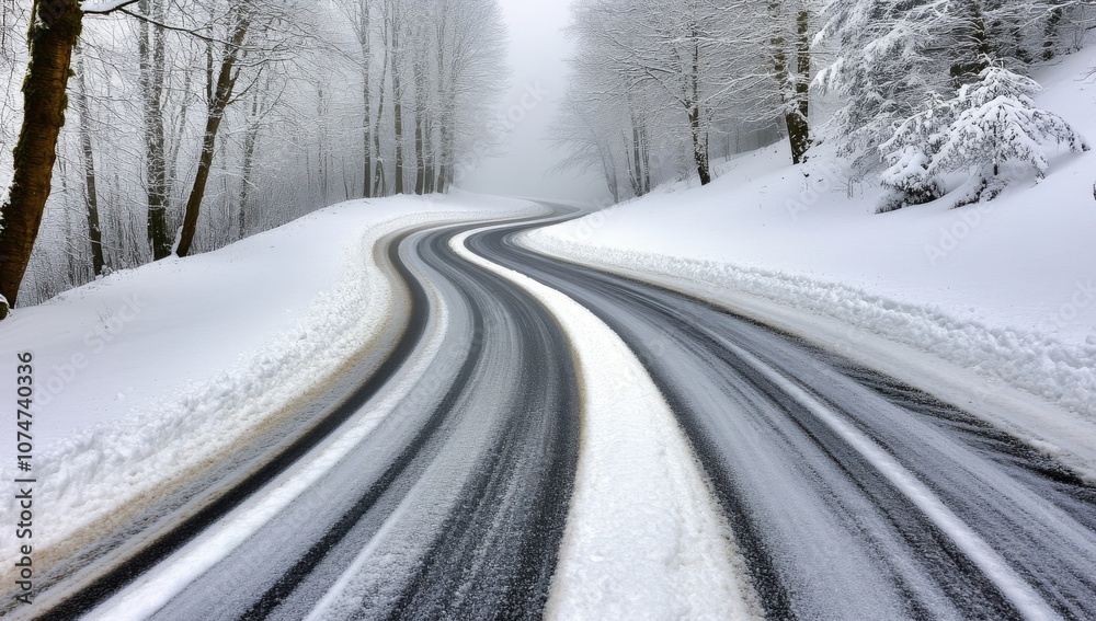 Winding Road Through Vast Snowy Plains Under Dark Stormy Skies Winding Road Through Vast Snowy Plains Under Dark Stormy Skies