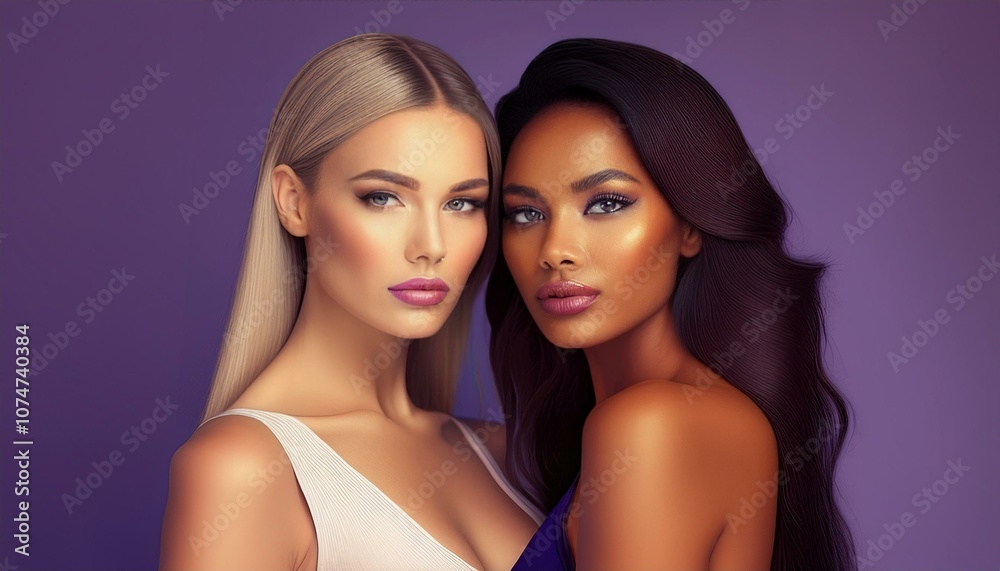 portrait of a blonde and a brunette female model on a purple background portrait of a blonde and a brunette female model on a purple background