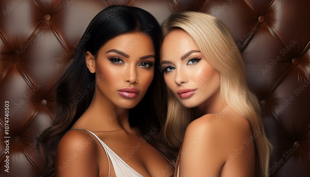 portrait of a blonde and a brunette female model on a brown leather background portrait of a blonde and a brunette female model on a brown leather background