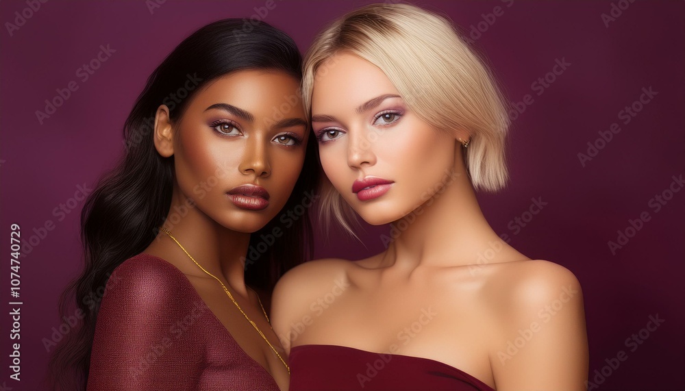 portrait of a blonde and a brunette female model on a dark red bordeaux background portrait of a blonde and a brunette female model on a dark red bordeaux background
