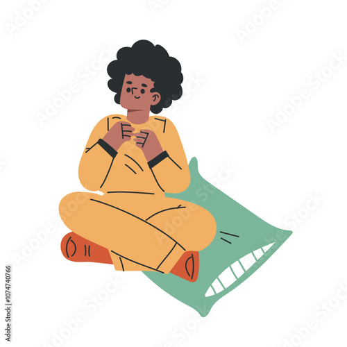 Playful Preschool Girl Sit on Floor and Listen to Story Vector Illustration