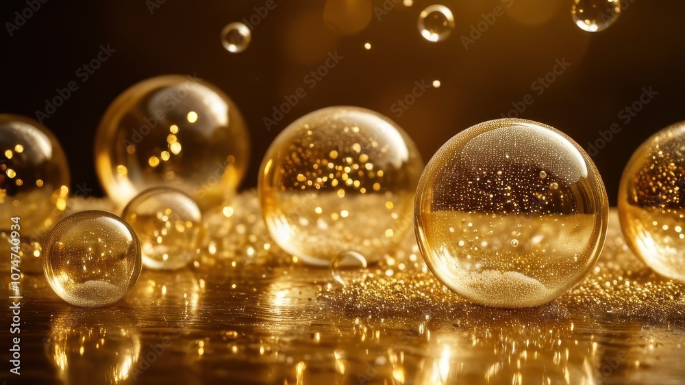 Elegant golden bubbles reflecting light, creating a mesmerizing illusion on a soft, sparkly surface Elegant golden bubbles reflecting light, creating a mesmerizing illusion on a soft, sparkly surface
