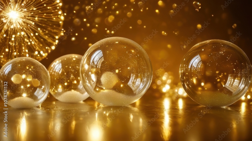Elegant golden bubbles reflecting light, creating a mesmerizing illusion on a soft, sparkly surface Elegant golden bubbles reflecting light, creating a mesmerizing illusion on a soft, sparkly surface