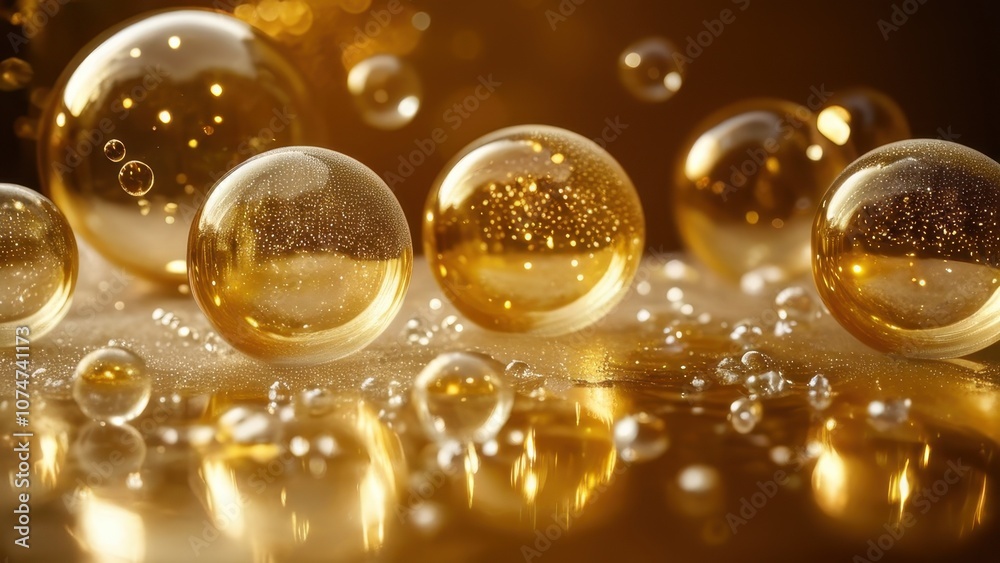 Elegant golden bubbles reflecting light, creating a mesmerizing illusion on a soft, sparkly surface Elegant golden bubbles reflecting light, creating a mesmerizing illusion on a soft, sparkly surface
