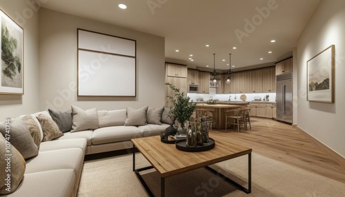 A living room with a couch  coffee table  and a kitchen. The kitchen has a refrigerator  oven  and microwave
