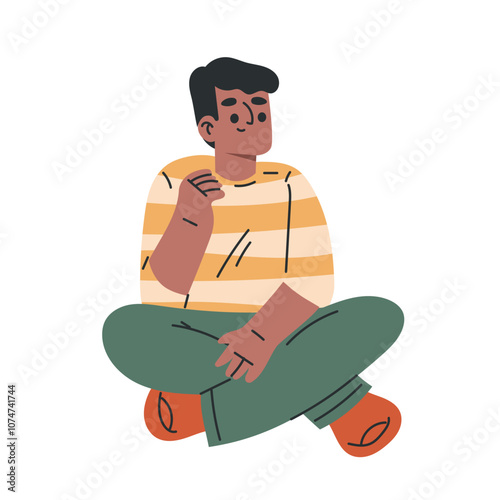 Preschool Boy Sit on Floor and Listen to Story Vector Illustration