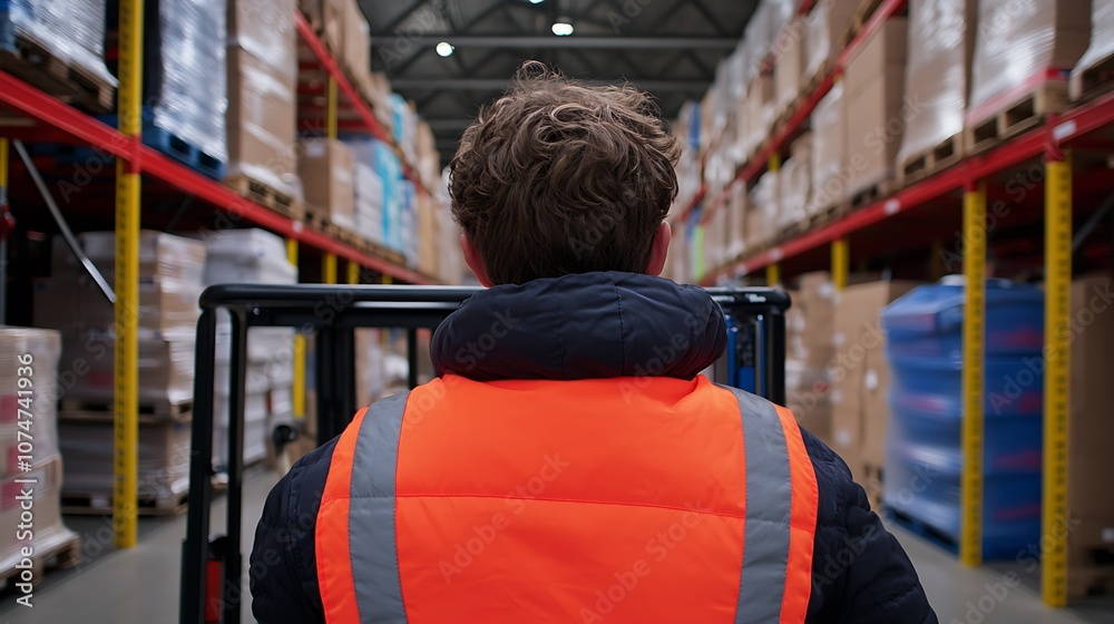 Obraz premium Warehouse Worker Operating a Forklift in a Busy Distribution Center