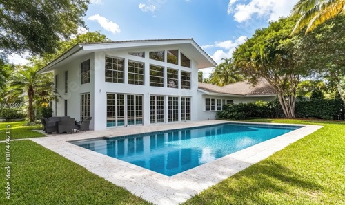 A white, modern home with large windows and an outdoor pool in the front yard of an all-white Miami suburban neighborhood