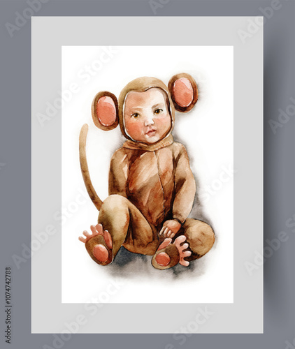 Monkey costume on baby ready to attend party in kindergarten on print. Watercolor poster. Artwork with baby in animal outfit with ears on hood and long tail, in frame with decor for wall art