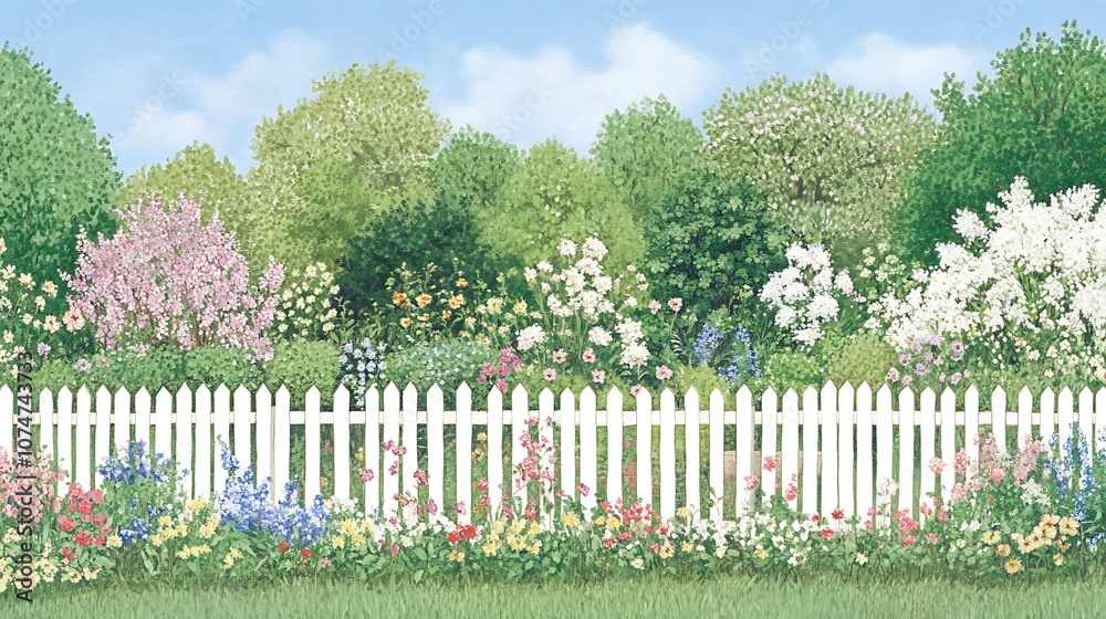 Beautiful Garden Surrounded by a White Picket Fence Under a Clear Blue Sky Beautiful Garden Surrounded by a White Picket Fence Under a Clear Blue Sky