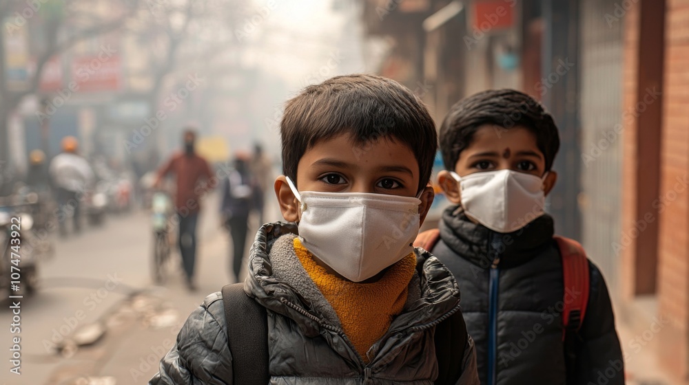 Children Wearing Masks Due to Air Pollution. Kids wearing face masks to protect against smog Children Wearing Masks Due to Air Pollution. Kids wearing face masks to protect against smog