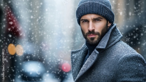 Man in Winter Clothing with Snow Falling