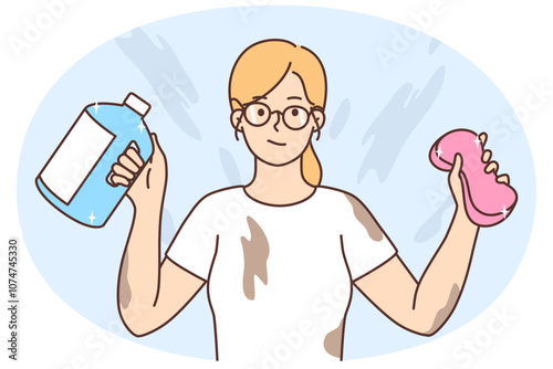 Woman with cleaning bottles dirty after housekeeping