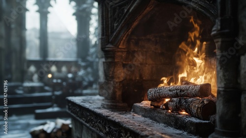 A Fireplace Burning in a Stone Structure on a Snowy Day