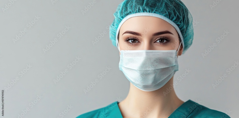 A female doctor wearing a medical mask against a grey background. A female doctor wearing a medical mask against a grey background.