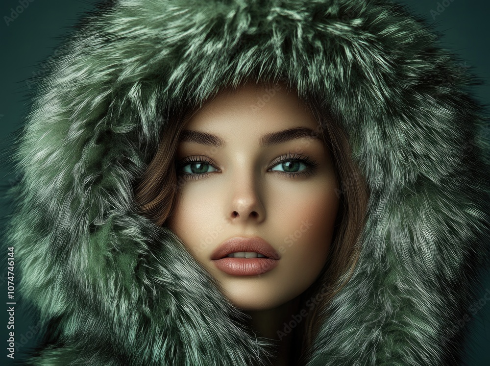 Portrait of a woman wearing a green fur coat with a hood, against a dark background. Portrait of a woman wearing a green fur coat with a hood, against a dark background.