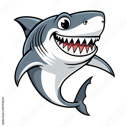 Cartoon Great White Shark with big expressive eyes, playful smile, bold outlines, sleek body, sticker design, generative ai photo