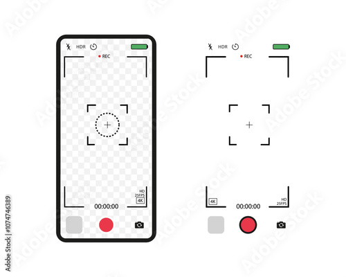 Application for recording from mobile camera. Smartphone mockup for photo, selfie and video. Camera interface on the phone screen.  Viewfinder, focus, record, grid.  