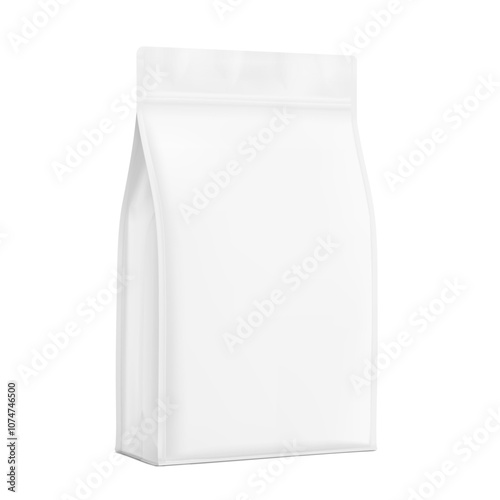 Vertical flat bottom gusset bag mockup for food, sport nutrition. Half side view. Vector illustration isolated on white background. Can be use for template your design. EPS10.