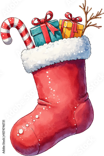 Christmas stocking with gifts and candy cane
