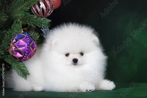 white fluffy pomeranian spitz puppu posing on studio background with christmas tree decorations photo