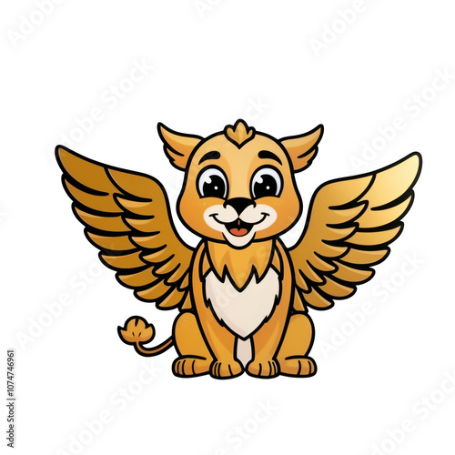 Cartoon Griffin sticker with large expressive eyes, golden lion body, and cheerful eagle head, generative ai photo