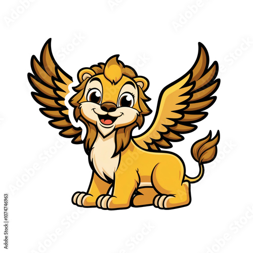 Cartoon Griffin sticker with large expressive eyes, golden lion body, and cheerful eagle head, generative ai photo