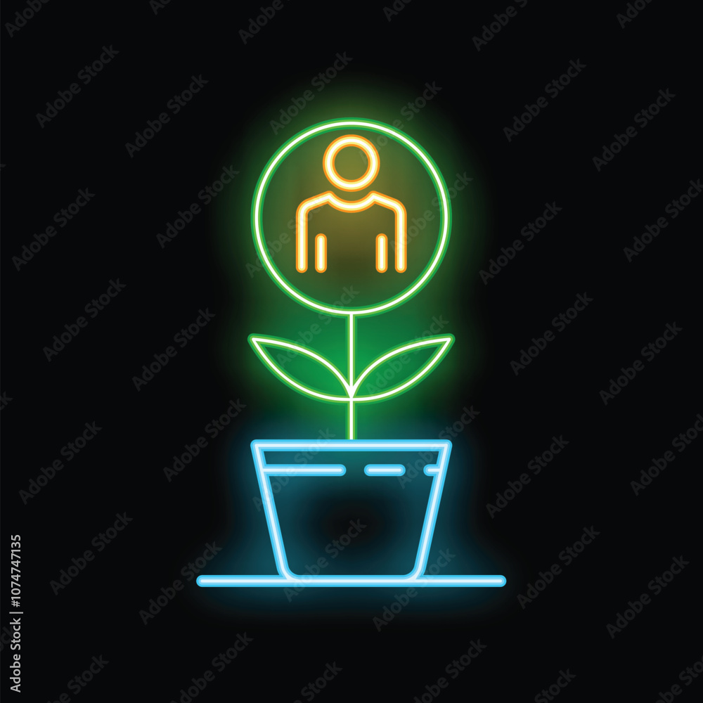 Neon sign of a human figure inside a flower pot growing like a plant, representing the concept of personal growth Neon sign of a human figure inside a flower pot growing like a plant, representing the concept of personal growth
