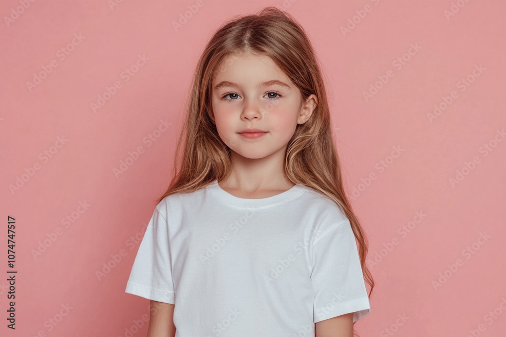Caucasian girl with brown hair in white t-shirt on pink background. Mockup template for brand, print and advertising. Studio shooting of cute little model. Caucasian girl with brown hair in white t-shirt on pink background. Mockup template for brand, print and advertising. Studio shooting of cute little model.