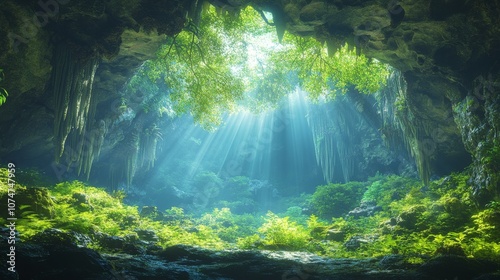 The view from inside the cave is beautiful with green forests and sunlight