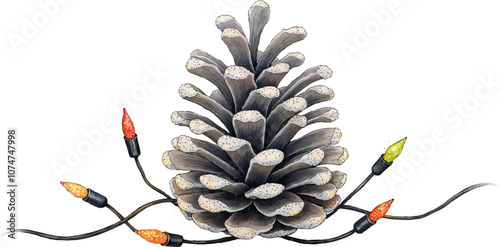 Decorated pinecone with holiday lights and glitter
