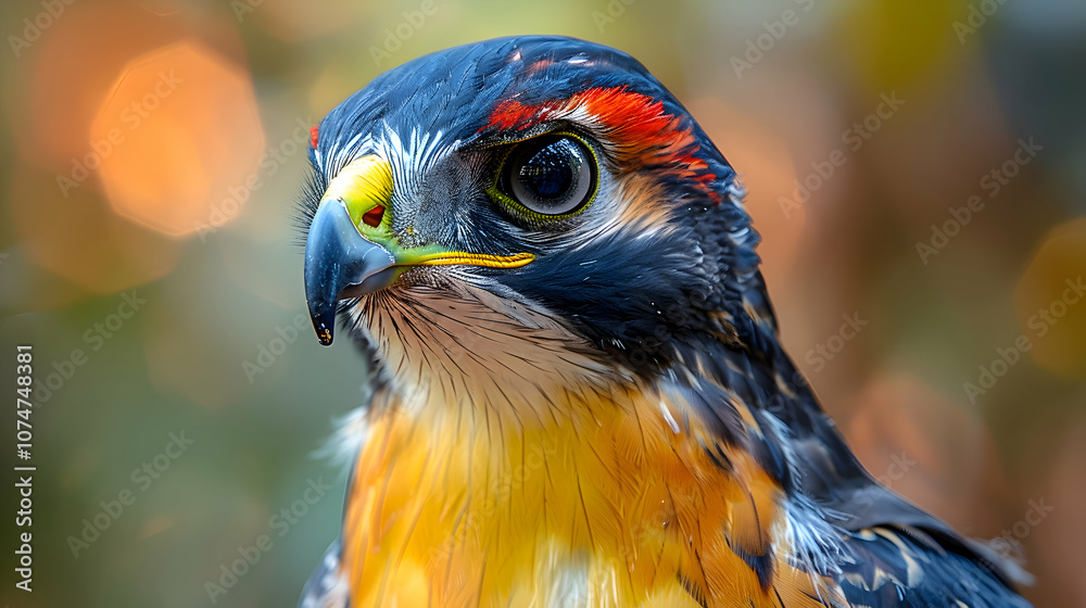 Fototapeta premium Amazon Black-faced Hawk head, showcasing its beak and feathers with a blurred background