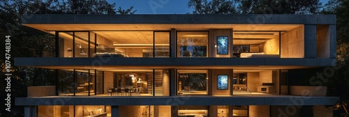 Night view of a contemporary two-story house with opal interior.