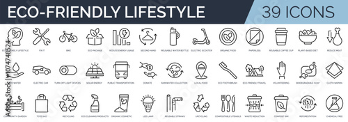 Set of 45 outline icons related to eco-friendly lifestyle. Linear icon collection. Editable stroke. Vector illustration	