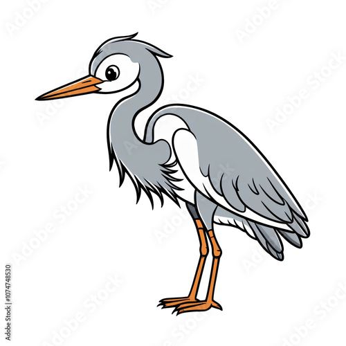 Cartoon heron with expressive eyes and serene pose, white background, generative ai