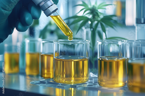 Cannabis oil extraction process in laboratory, close-up view of golden oil in glass beakers, precision testing and quality control, natural plant-based extraction research photo