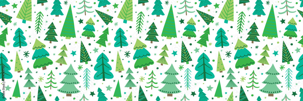 Obraz premium Cute Christmas pattern with colourful trees and snowflakes. Wallpaper concept. Vector illustration