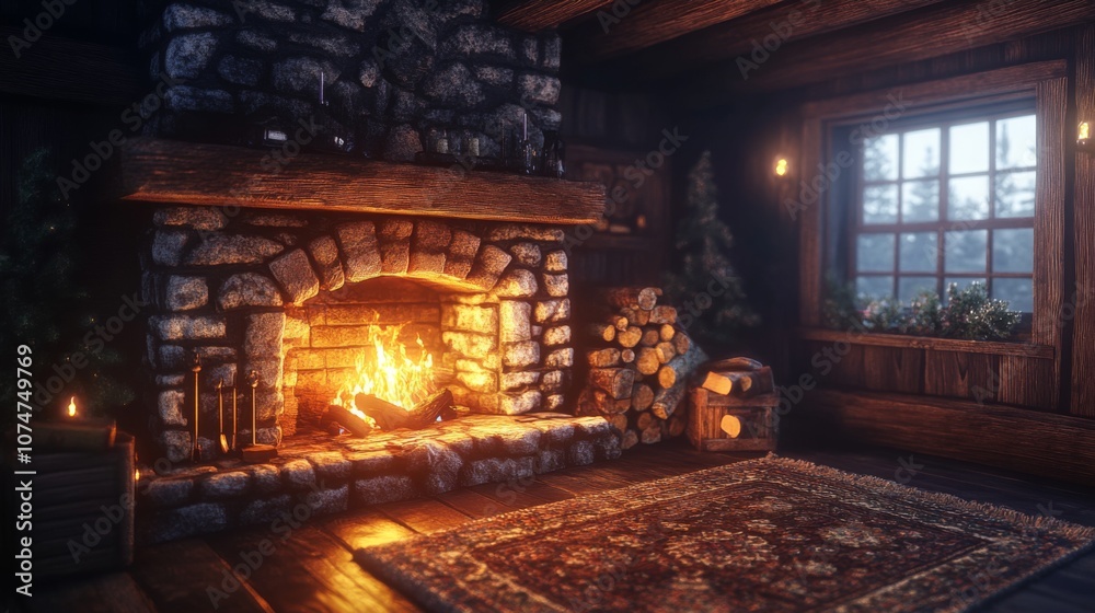 Cozy Cabin Interior with Fireplace and Window View Cozy Cabin Interior with Fireplace and Window View