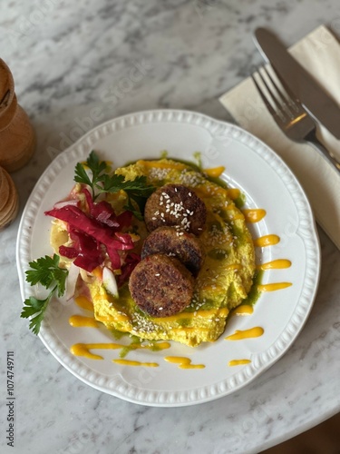 falafel, amba, hummus, pickle slaw photo