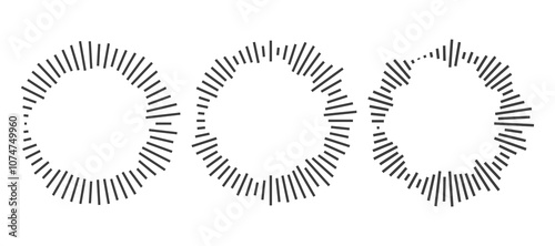 Radial sound wave concentric audio rhythm line dynamic set. Radial signal or vibration elements. Depicting audio music
