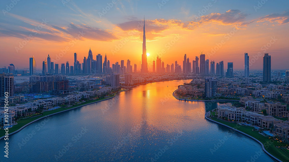 Fototapeta premium Modern city skyline illuminates the sunset over the tranquil waters of the city