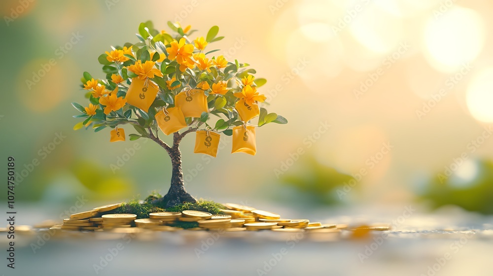 A green tree with yellow money bags growing, Business money bag tree A green tree with yellow money bags growing, Business money bag tree