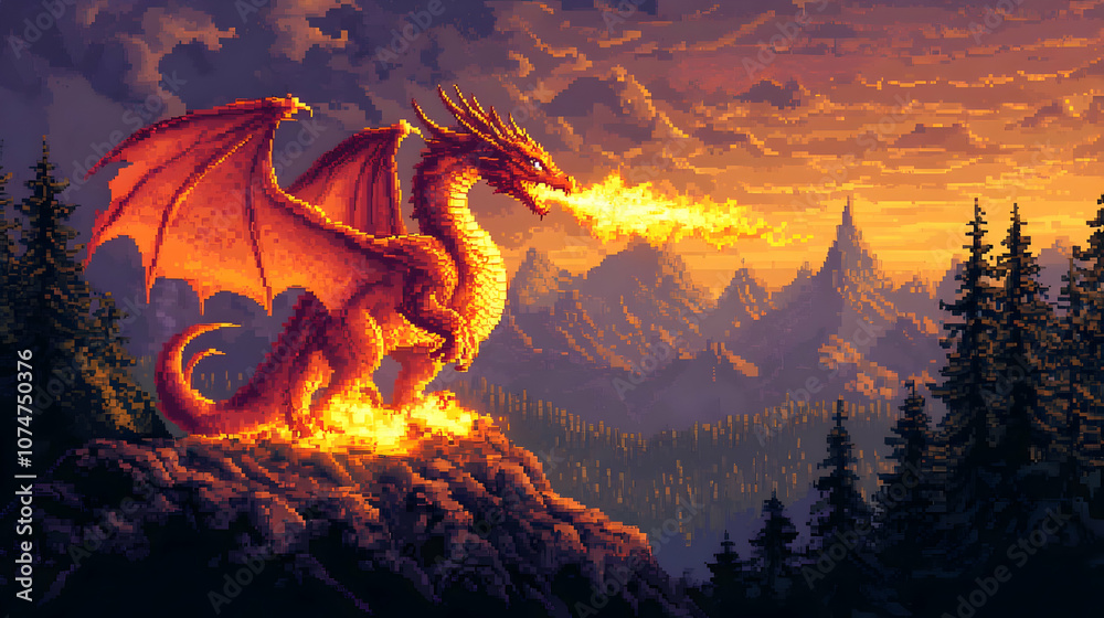 Fototapeta premium Pixel Art Dragon Illustration with Fiery Breath in Mountain Landscape