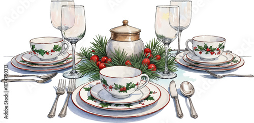 Festive Christmas dinner table with holiday china and decor
