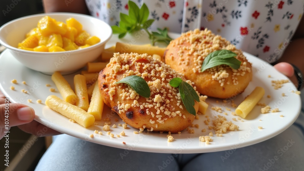 A plate holds two golden pastries generously sprinkled with crushed nuts and fresh herbs, served alongside a bowl of sweet fruit and crispy snacks, creating a delightful meal A plate holds two golden pastries generously sprinkled with crushed nuts and fresh herbs, served alongside a bowl of sweet fruit and crispy snacks, creating a delightful meal