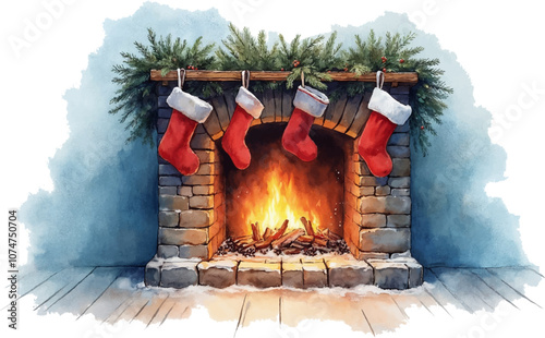 Festive fireplace with stockings and garland