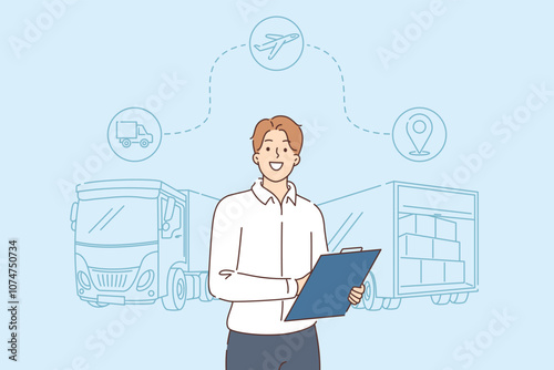 Business man from logistics company stands near cargo fergon and airplane and geotag icons