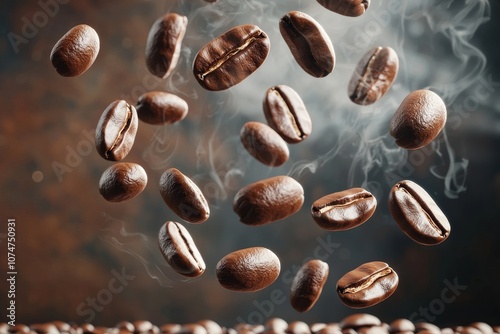 Floating coffee beans with steam create an inviting atmosphere, highlighting the rich aroma and texture of freshly roasted coffee.