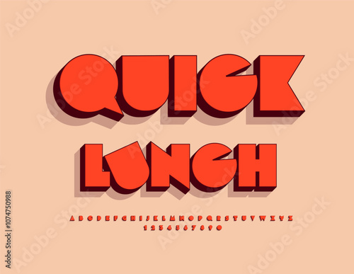 Vector advertising poster Quick Lunch. Bright Red Font. Abstract style Alphabet Letter and Numbers set.